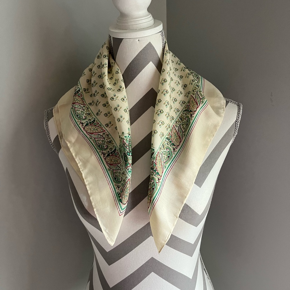 Vintage Silk Cream and Green Scarf - Made in Italy